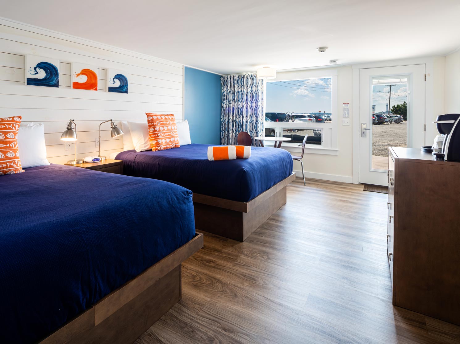 Bright hotel room with two beds