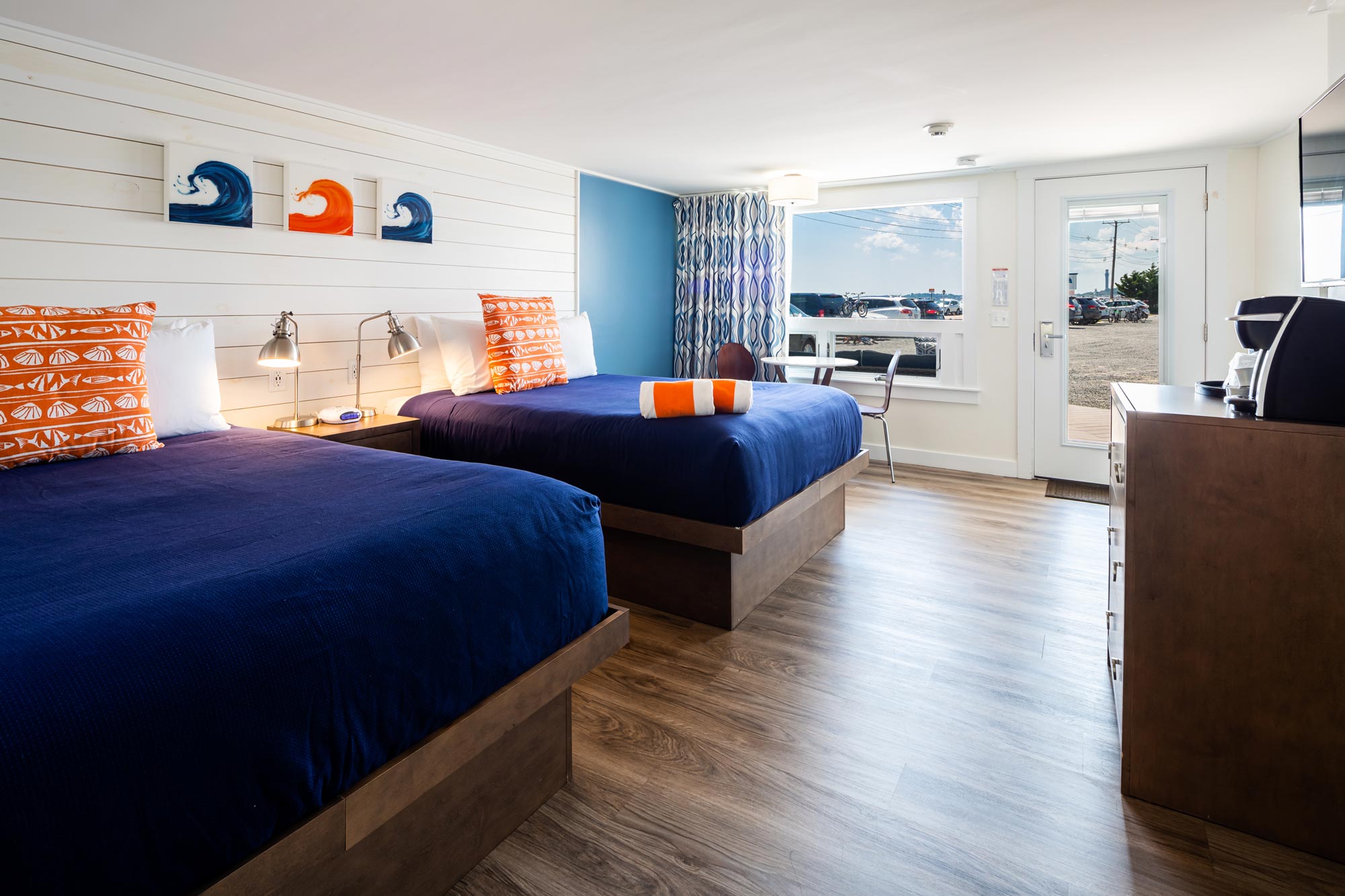 Bright hotel room with two beds